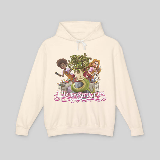 Beige hoodie with cartoon design and 'A Hairy Situation' text on a gray background