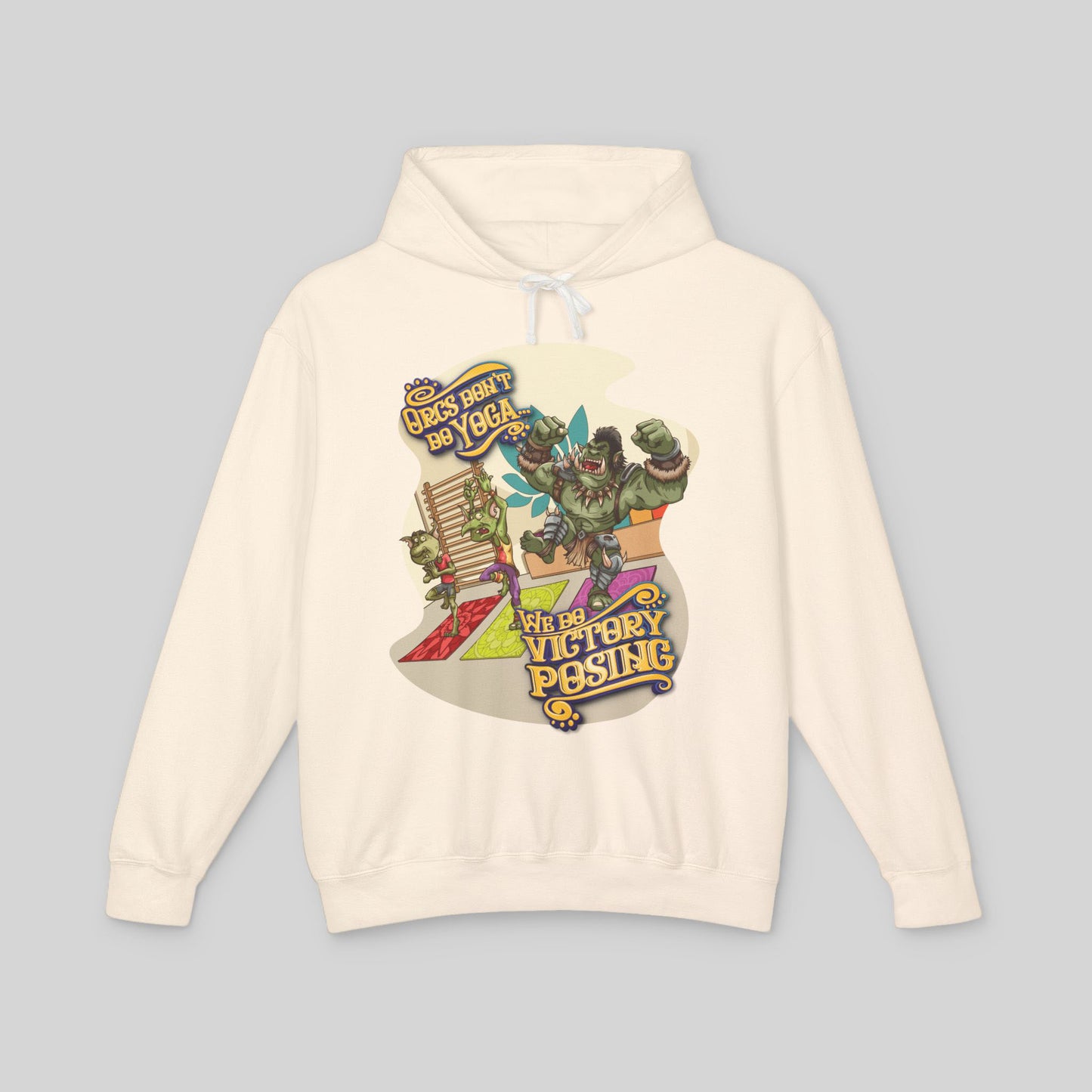 Beige hoodie with colorful graphic design on a gray background