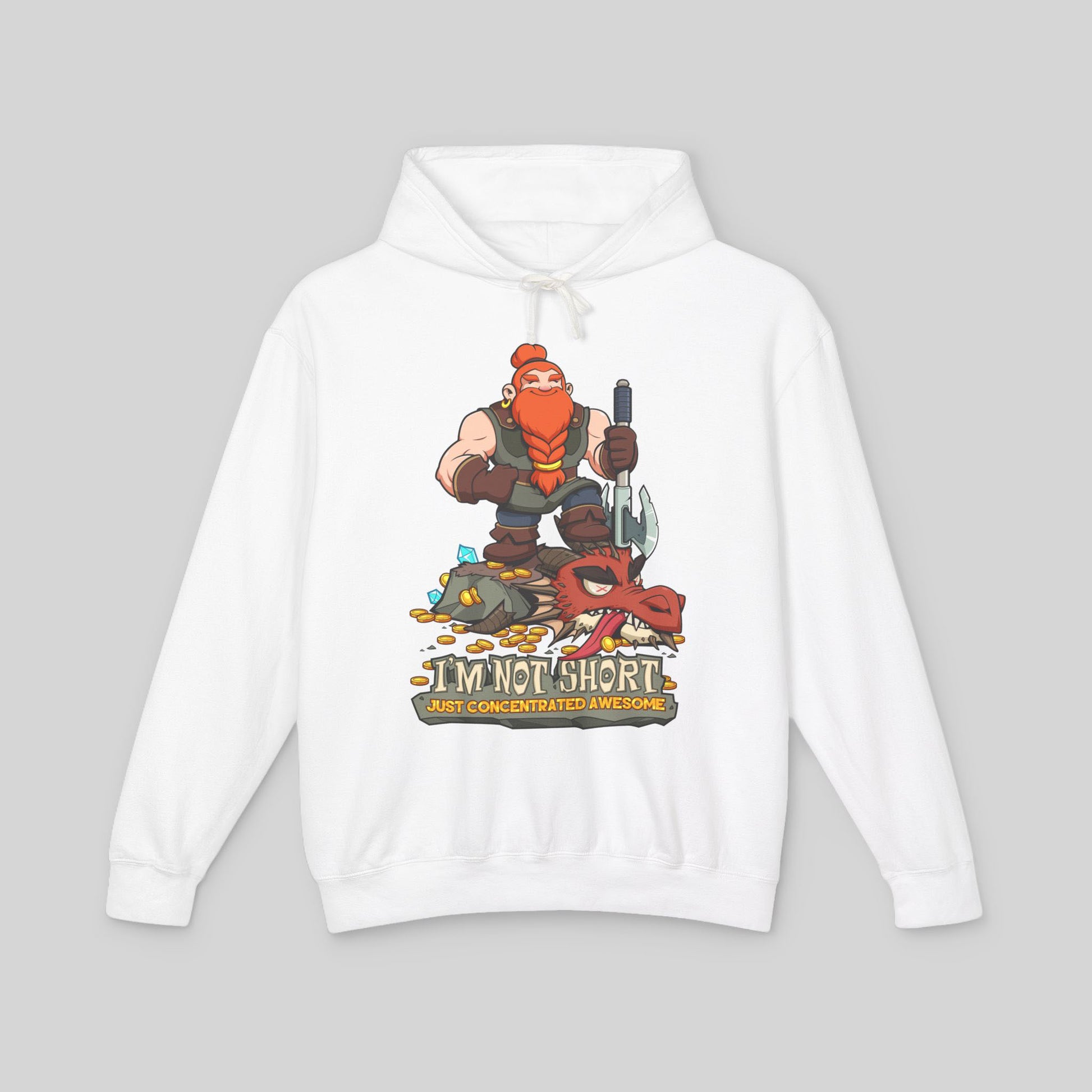 White hoodie with a graphic of a character holding an axe and text on a gray background