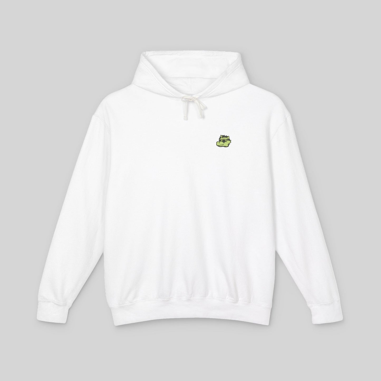 White hoodie with a small green dragon logo on a gray background