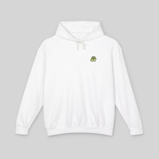 White hoodie with a small green dragon logo on a gray background