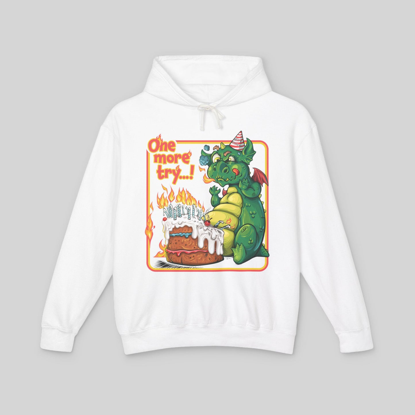 White hoodie with a dragon graphic and text on a gray background