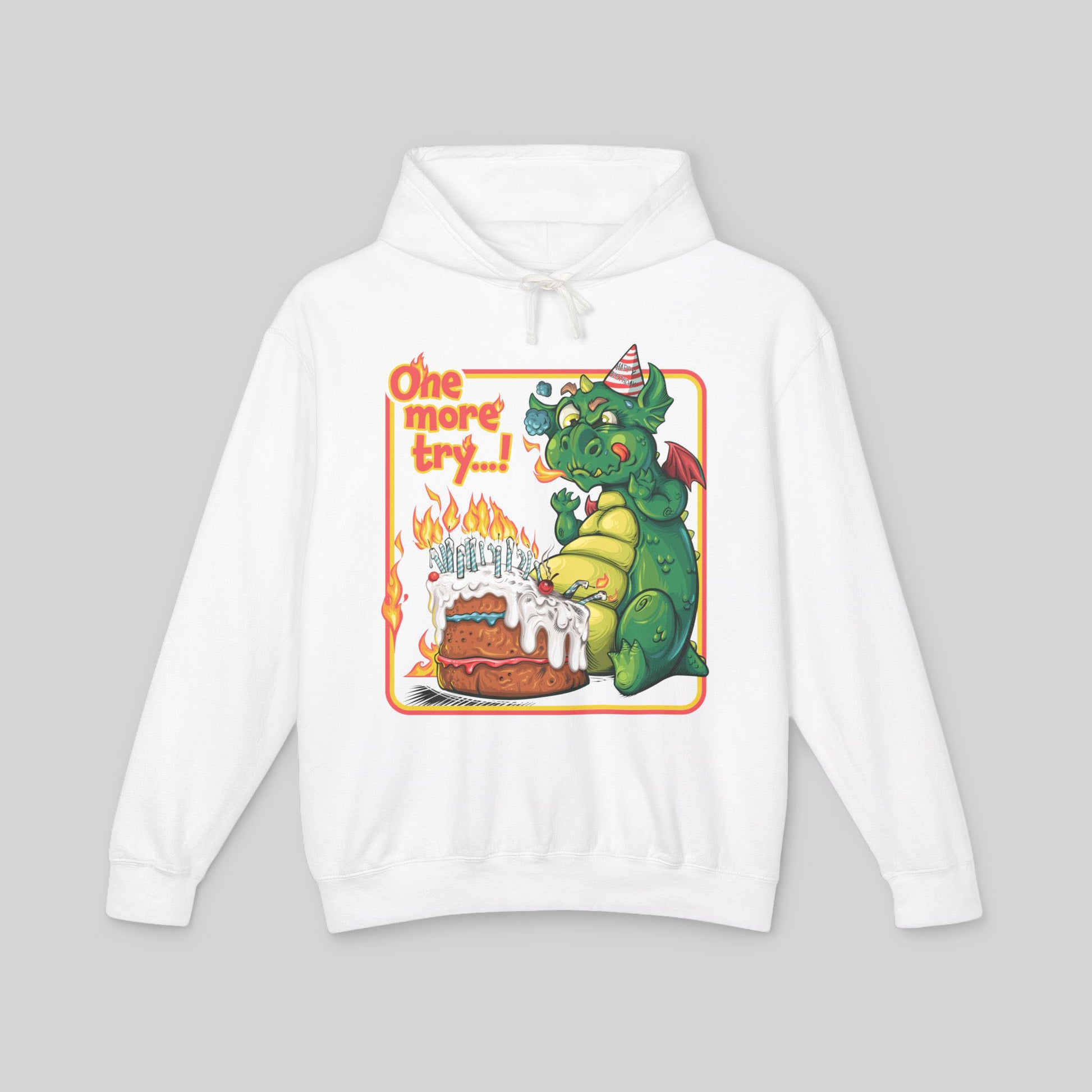 White hoodie with a dragon graphic and text on a gray background
