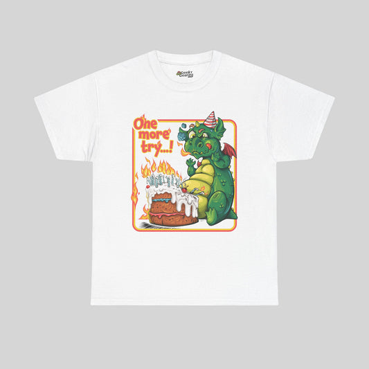 White t-shirt with a green dragon graphic and text on a gray background