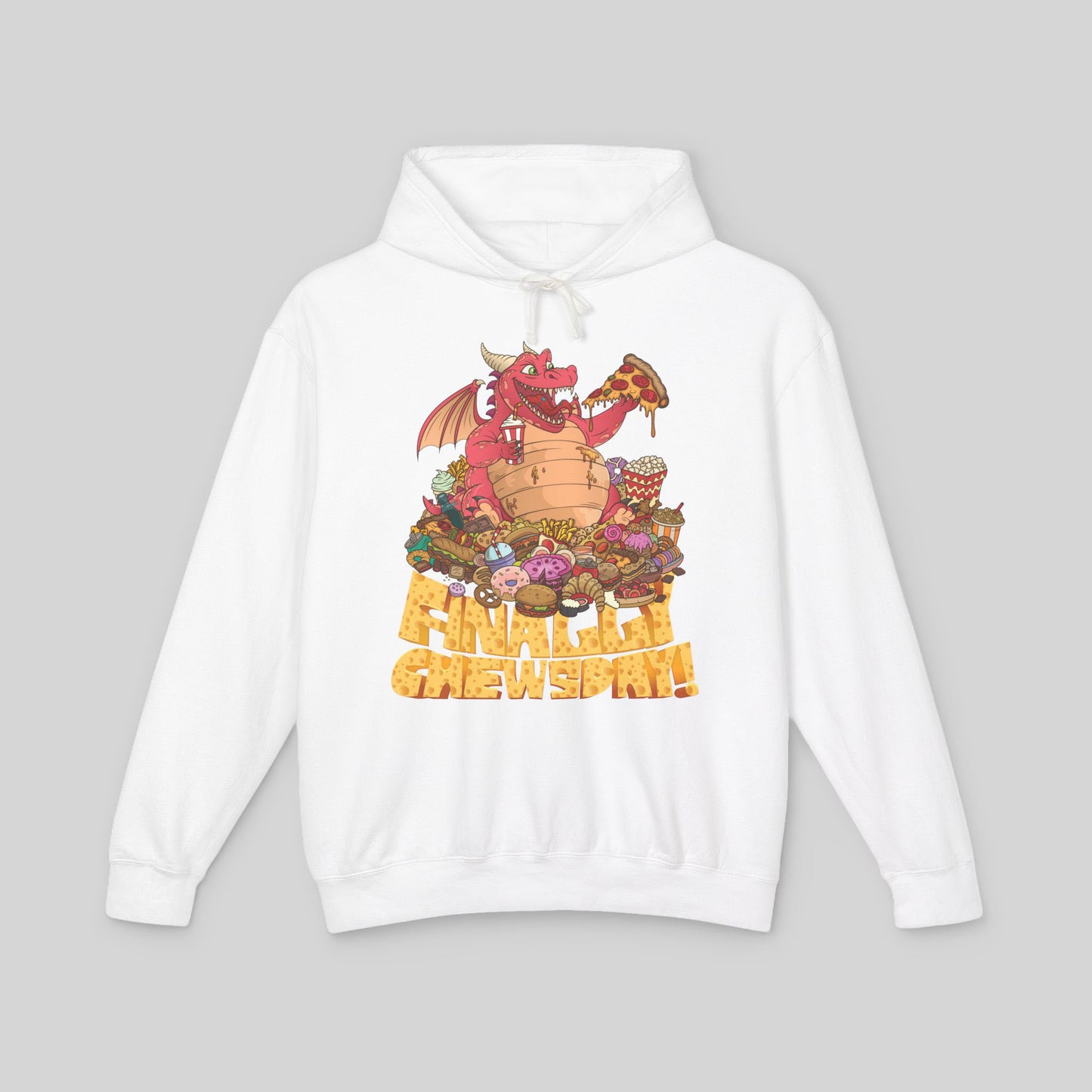 White hoodie with a colorful graphic of a dragon and text on a gray background