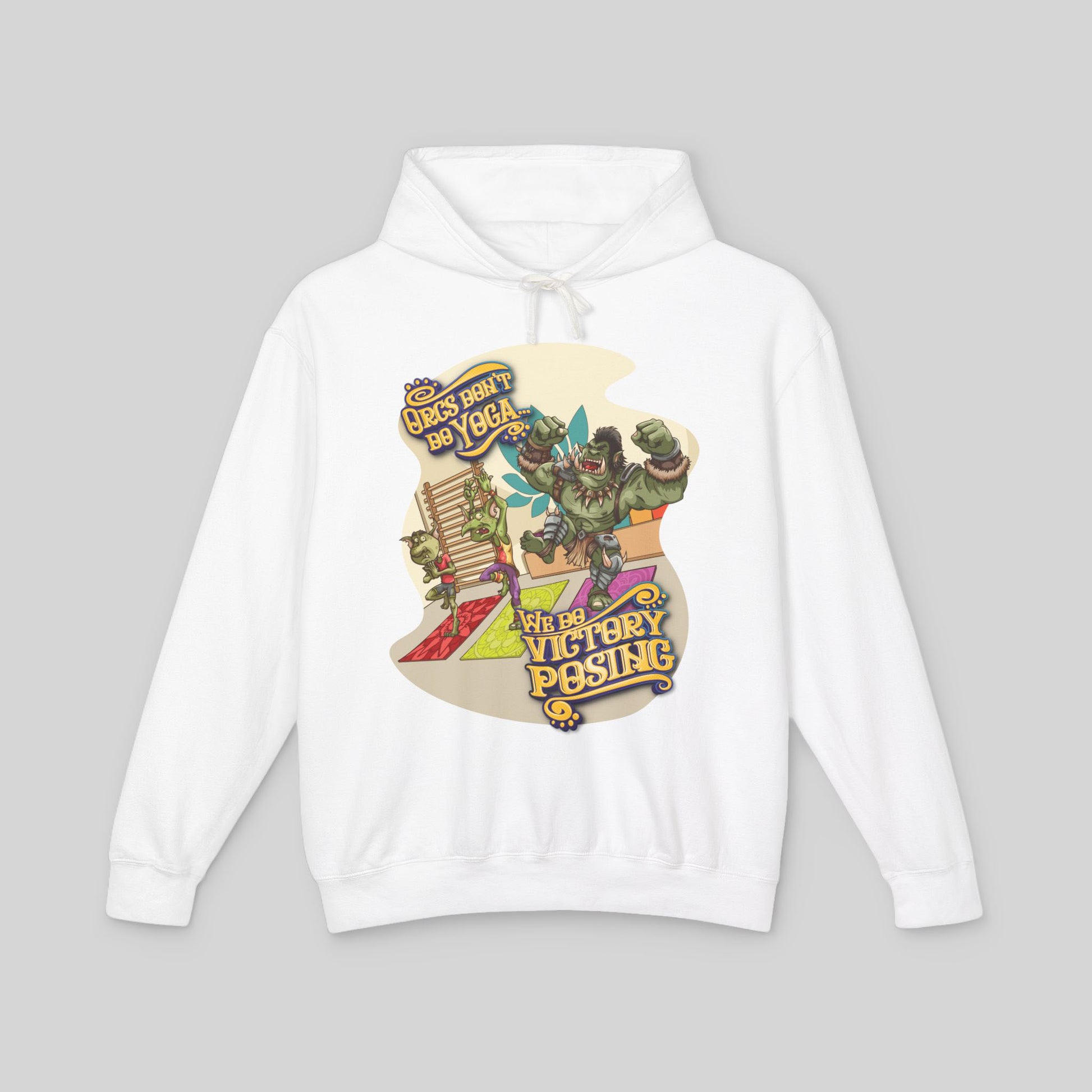 White hoodie with colorful graphic design on a gray background