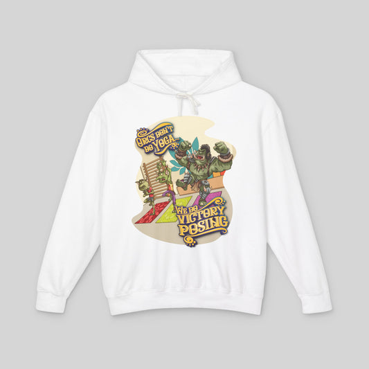 White hoodie with colorful graphic design on a gray background