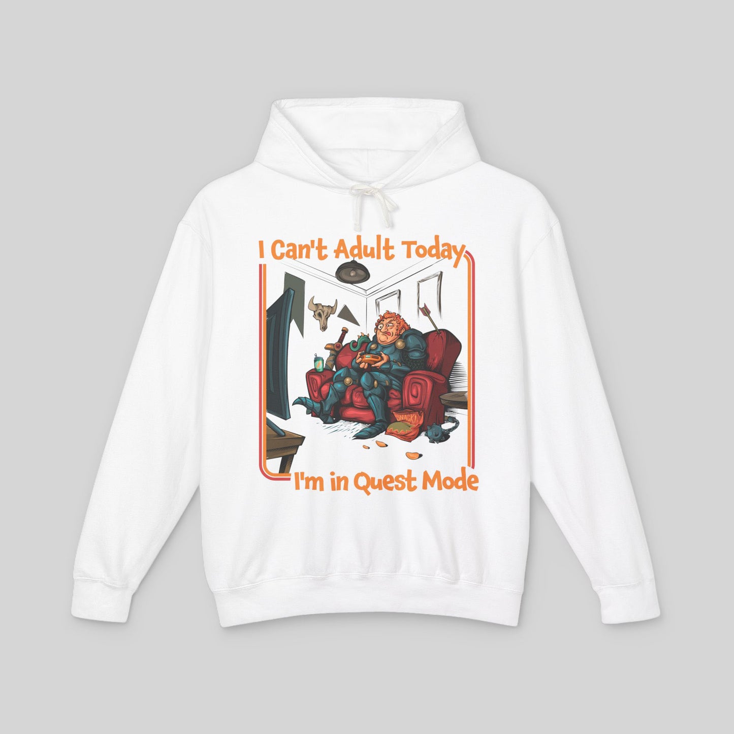White hoodie with graphic design and text on a gray background
