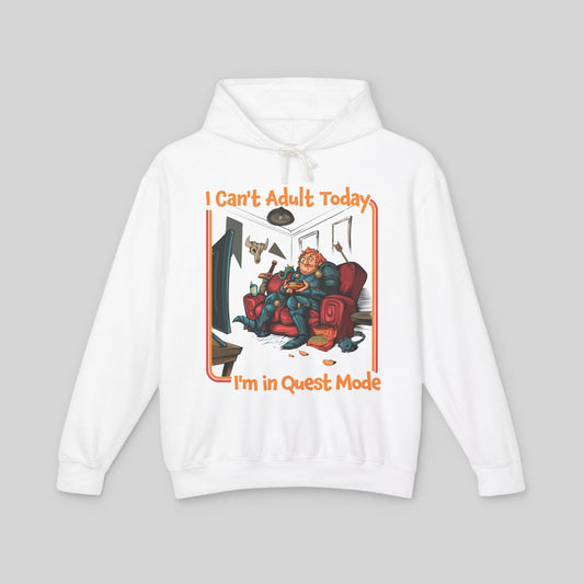 White hoodie with graphic design and text on a gray background