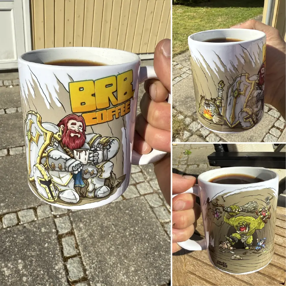 Knight's Coffee Break - 11 oz Mug filled with coffee, 3 images are combined to display the mug from all angles.