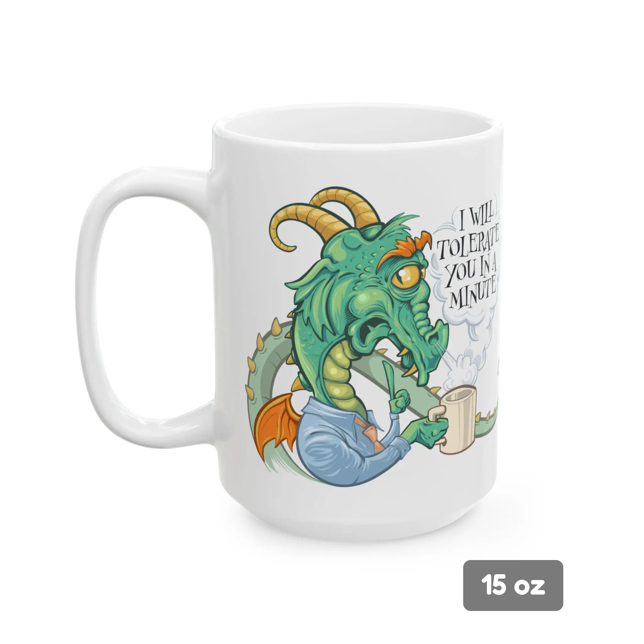 White mug with a dragon design and text on a white background