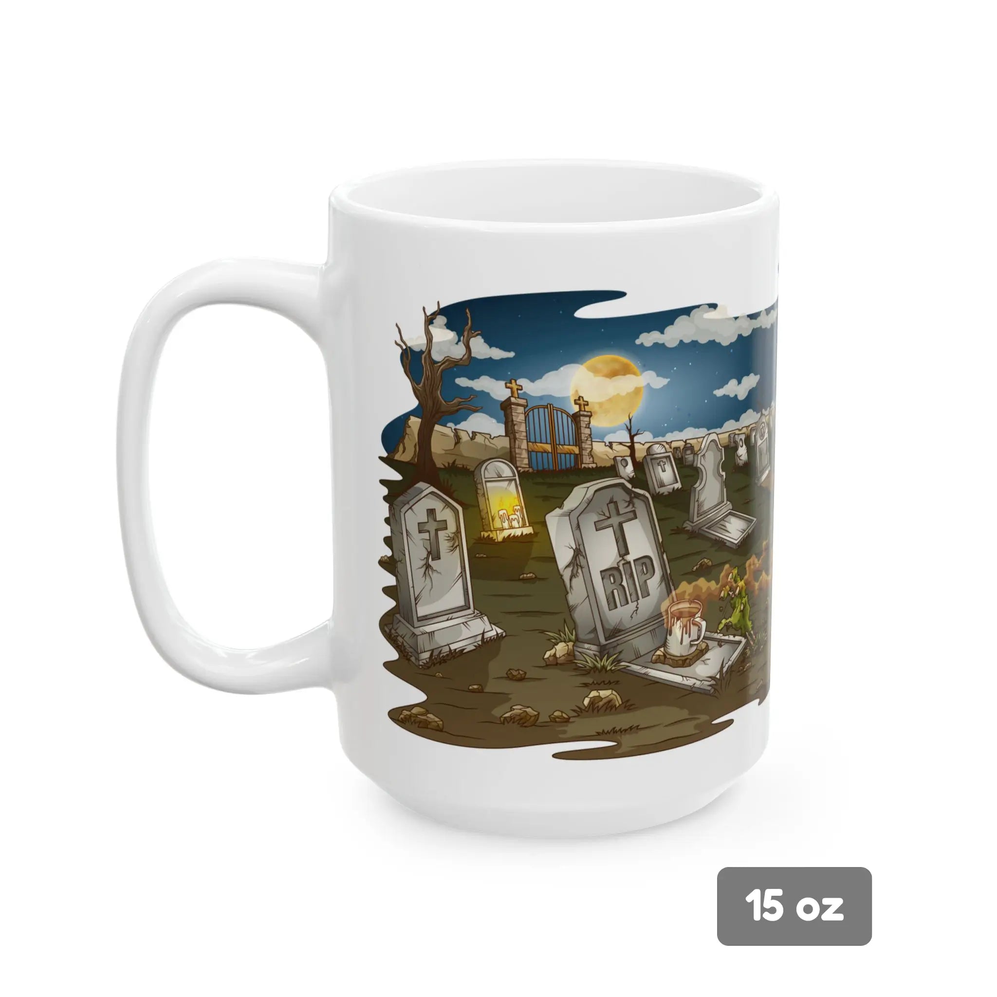 White mug with a graveyard design featuring gravestones and a moonlit sky.
