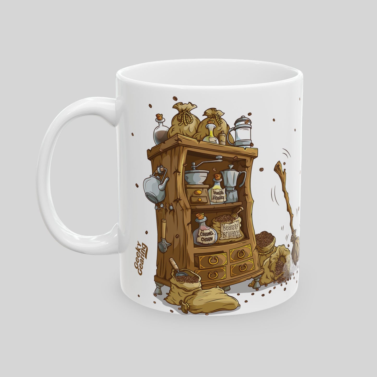 11 oz white mug with alchemy shelf and jars labeled “Vanilla Vitality,” “Caramel Charm,” “Beans of Brilliance,” plus moka pot and coffee beans.