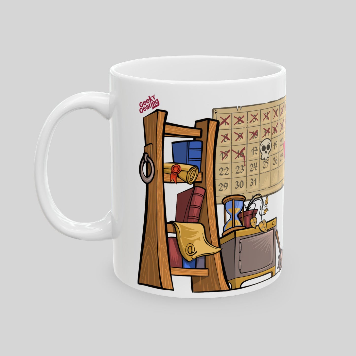 White mug with a cartoon design of a bookshelf and books on a gray background