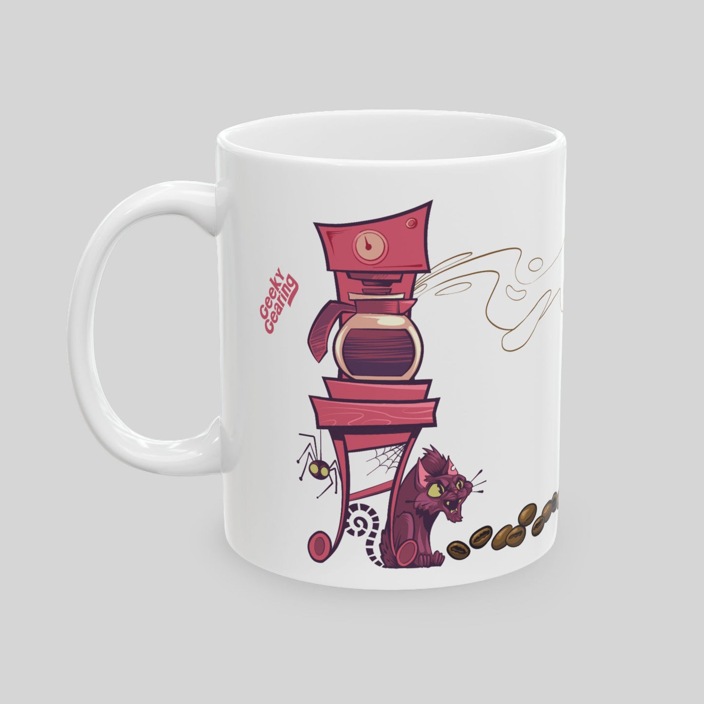 White mug with a red coffee maker and cat design on a gray background