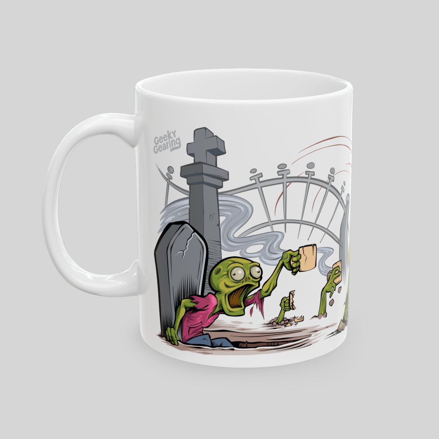 Mug with cartoon design of a zombie rising from the grave at a graveyard, holding a cup of cofee, clearly craving coffee
