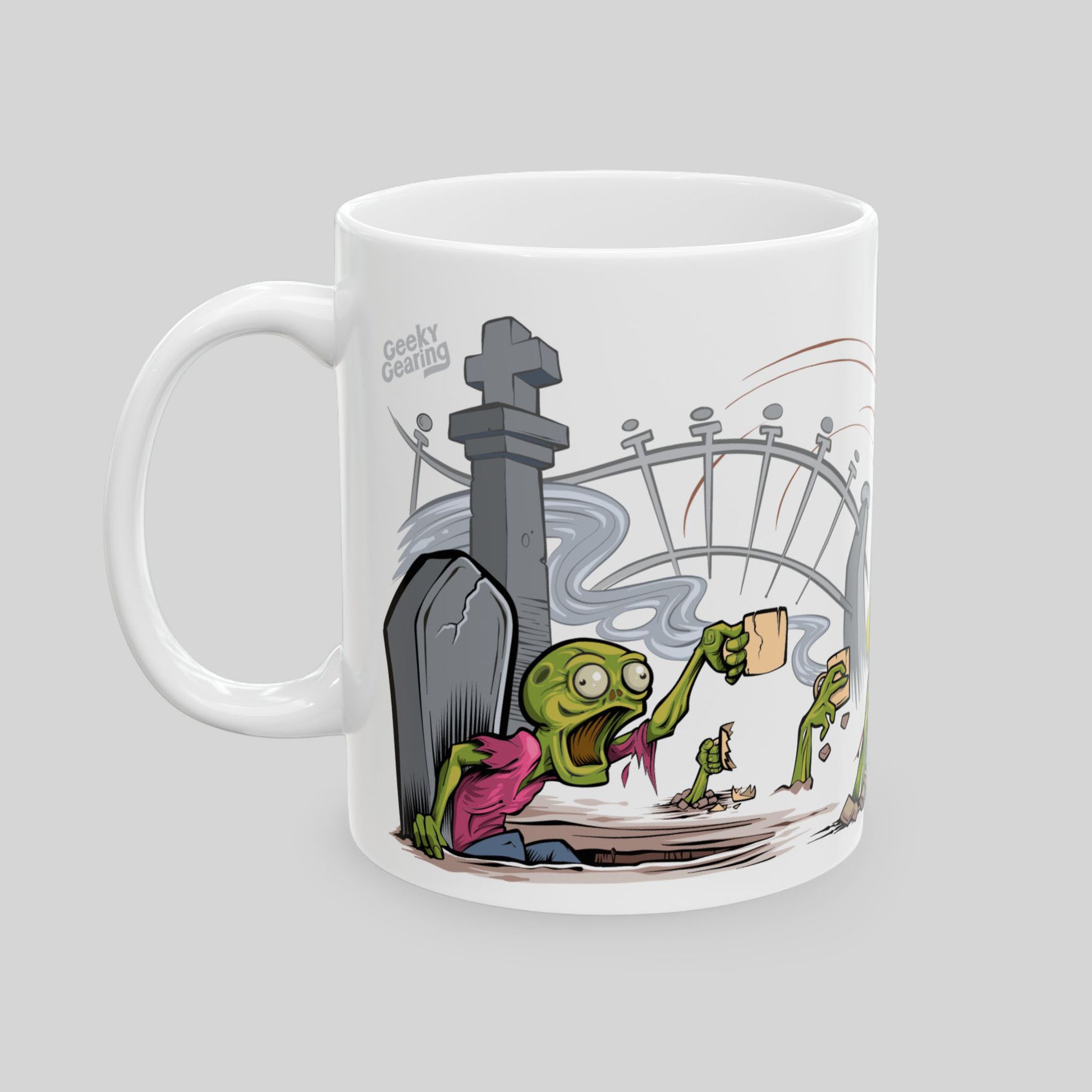 Mug with cartoon design of a zombie rising from the grave at a graveyard, holding a cup of cofee, clearly craving coffee