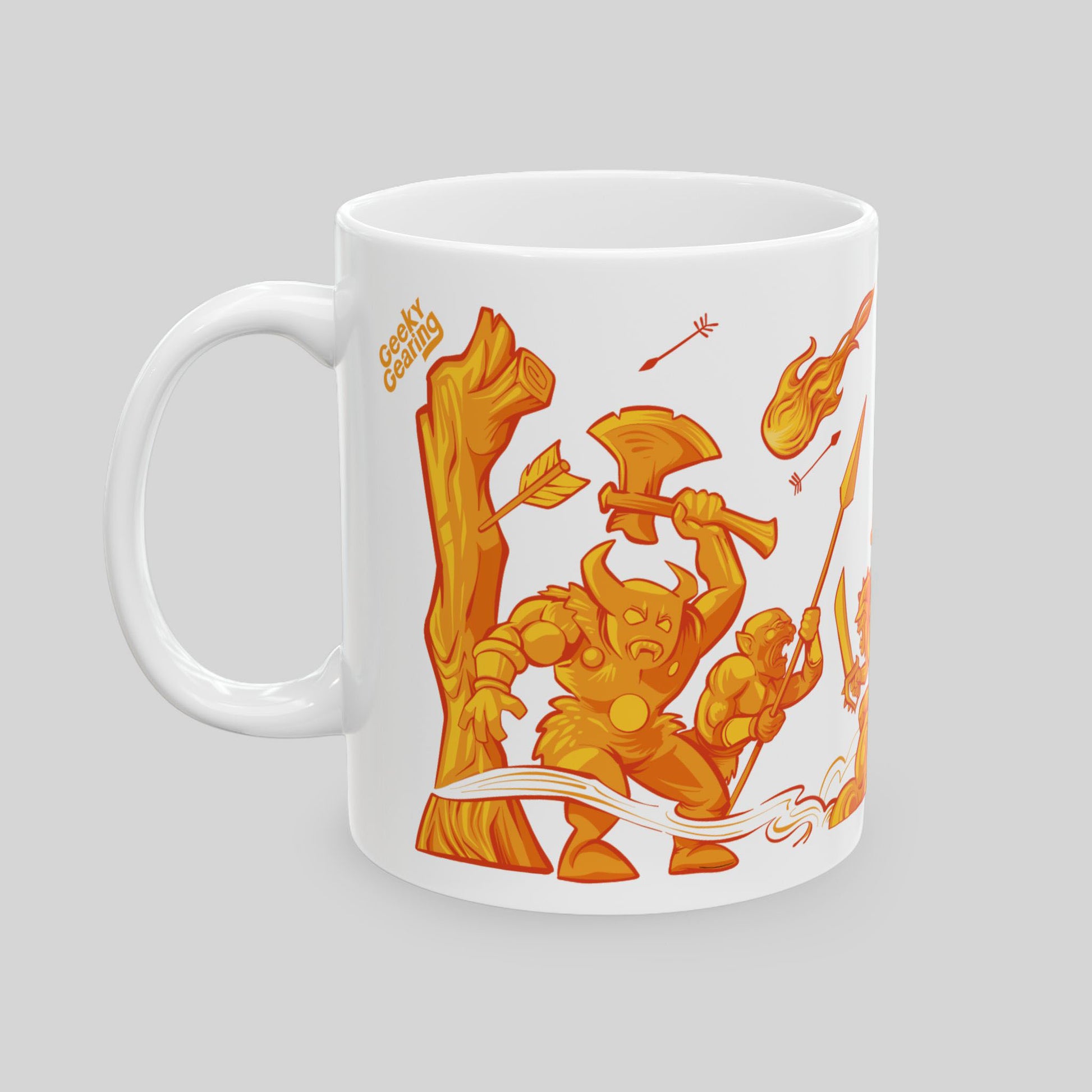 Side view of fantasy coffee mug with cartoon warriors charging through flames and arrows in bold orange battle scene.