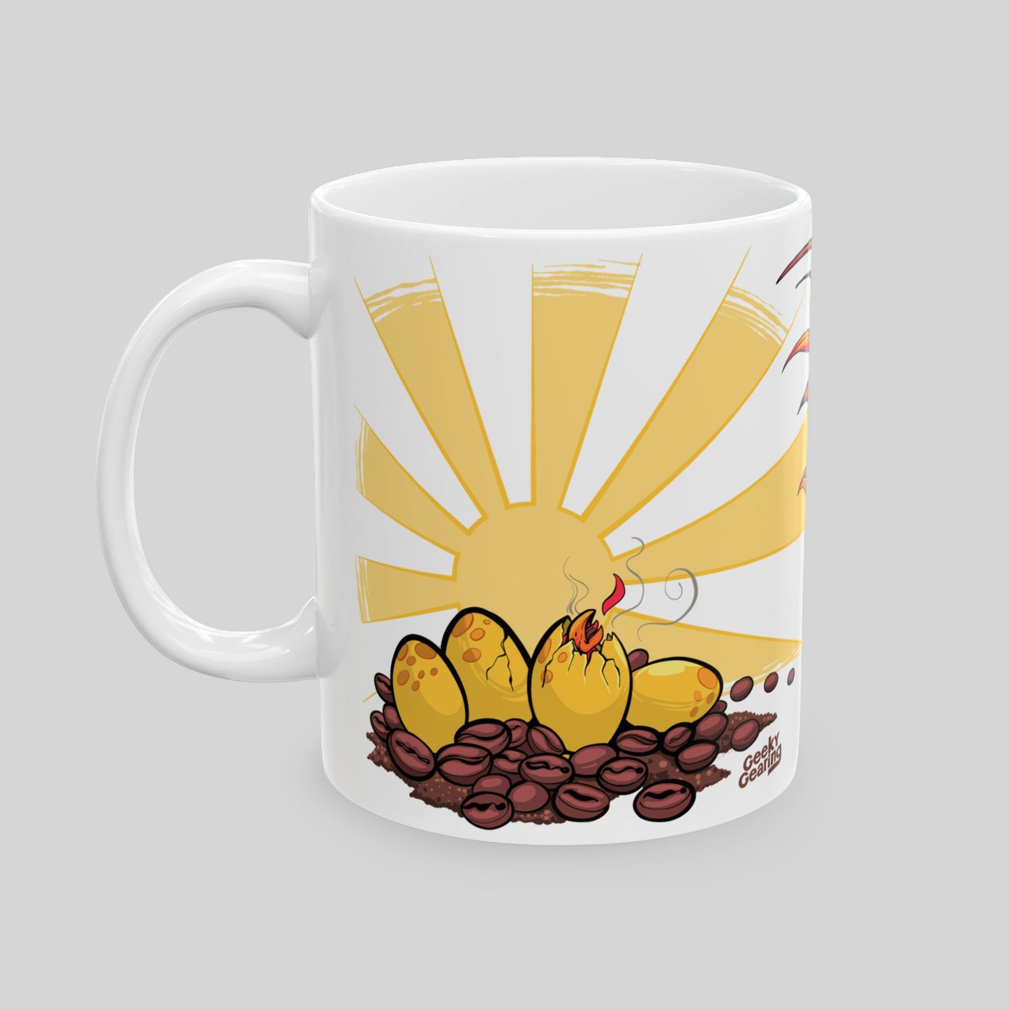 Back of Phoenix Fuel mug with cartoon phoenix chick hatching from golden egg in coffee beans under sunrise.