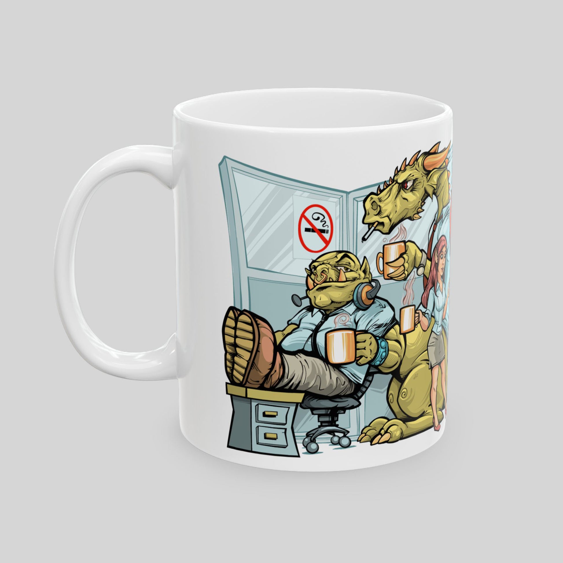 11oz Procrastination Potion mug view showing orc with feet on desk in office cubicle, with dragon and elf.