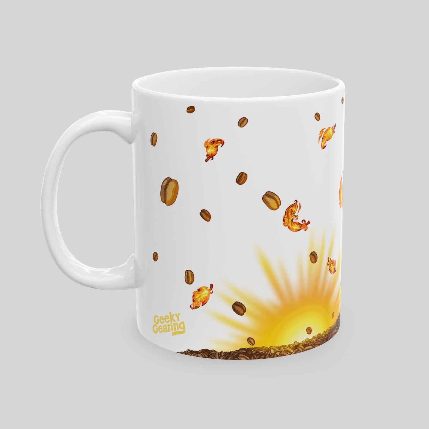 White mug with a sunflower design and 'Geeky Gourmand' branding on a gray background