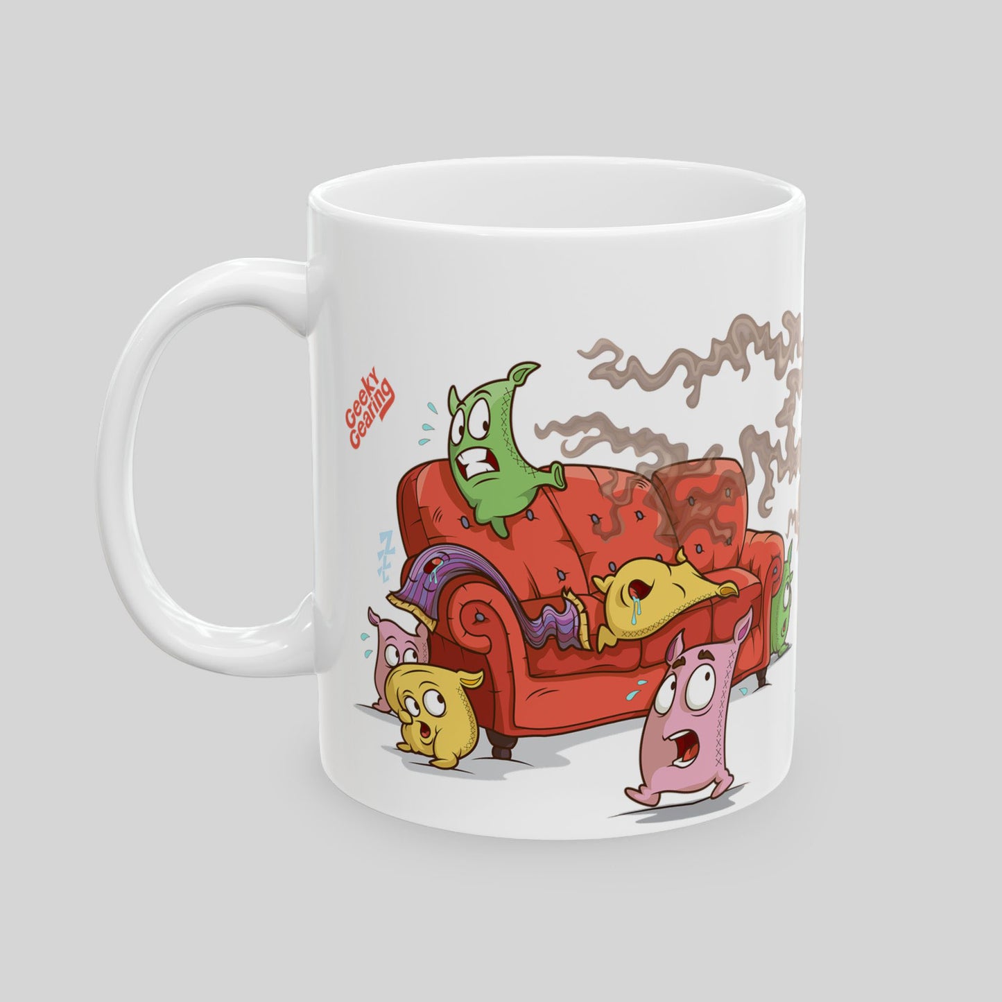 11 oz ceramic mug with cartoon characters on a red couch against a gray background