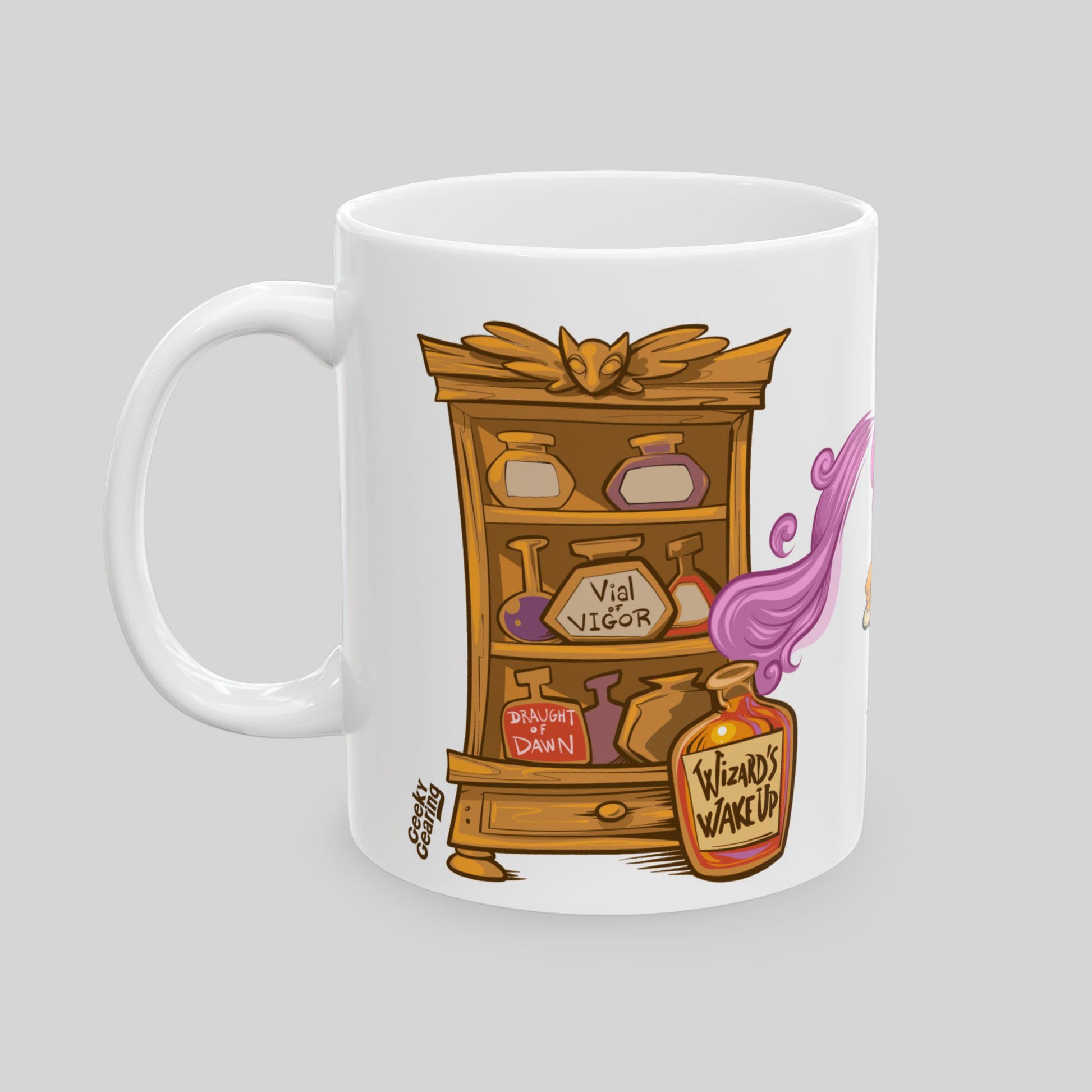 Side view of mug with potion cabinet labeled “Vial of Vigor,” “Draught of Dawn,” “Wizard’s Wake-Up,” and swirling pink steam.