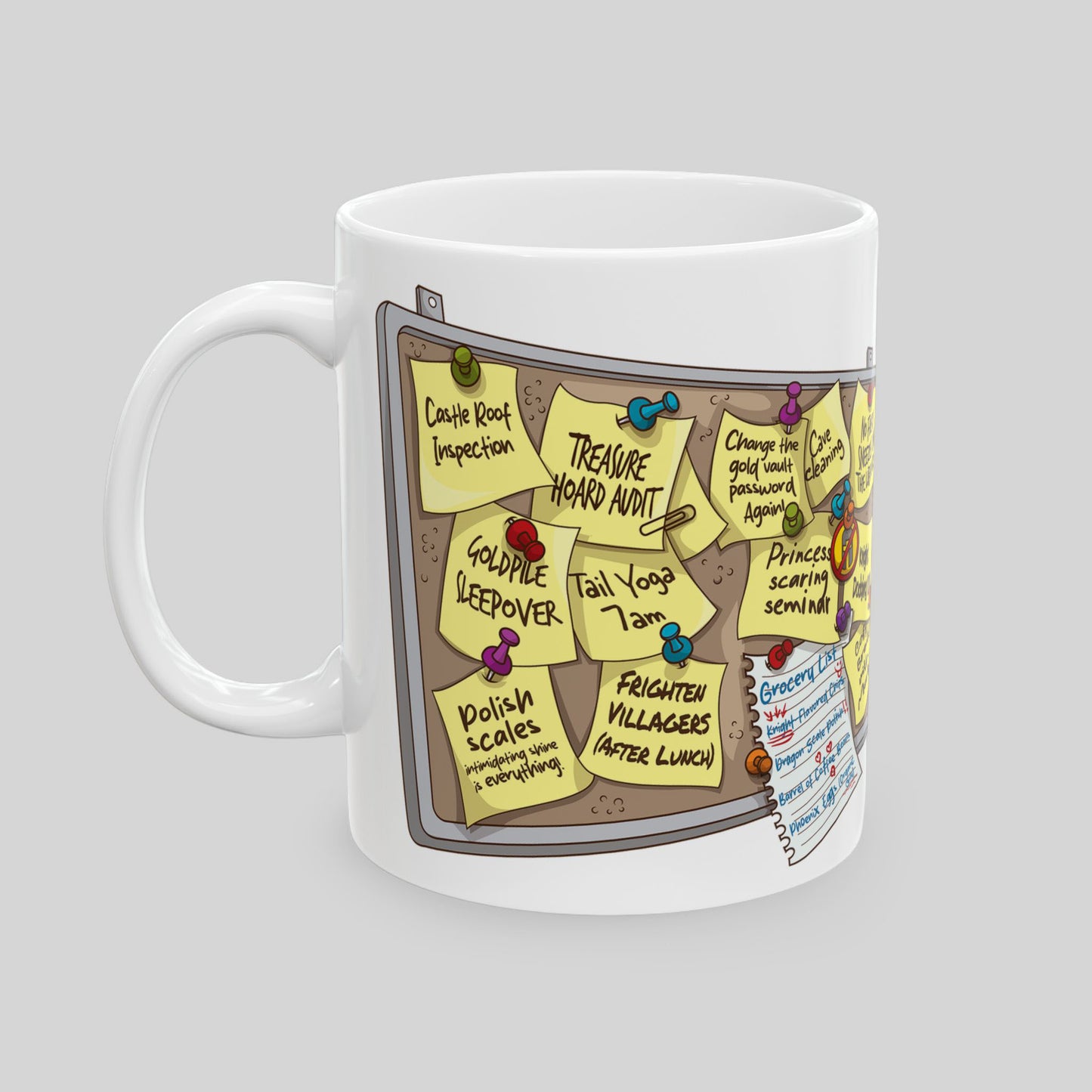 Mug with a design of a cork board with fun dragon related sticky notes on a gray background