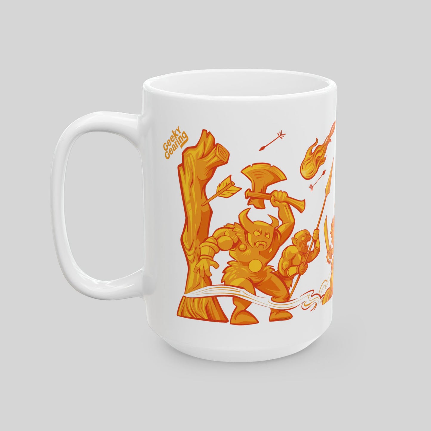 White mug with orange graphic design on a gray background