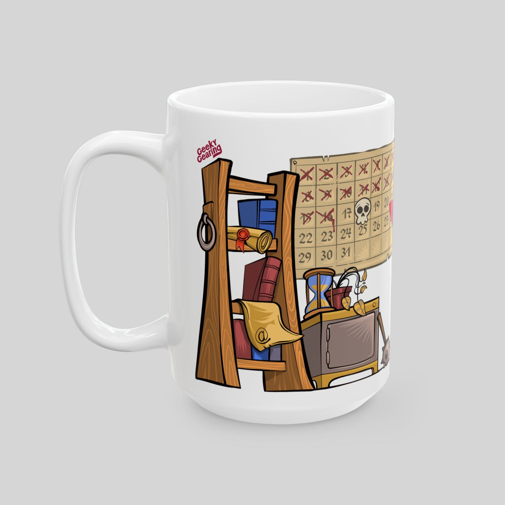White mug with a cartoon design of a bookshelf, books and calendar indicating a deadline on a gray background