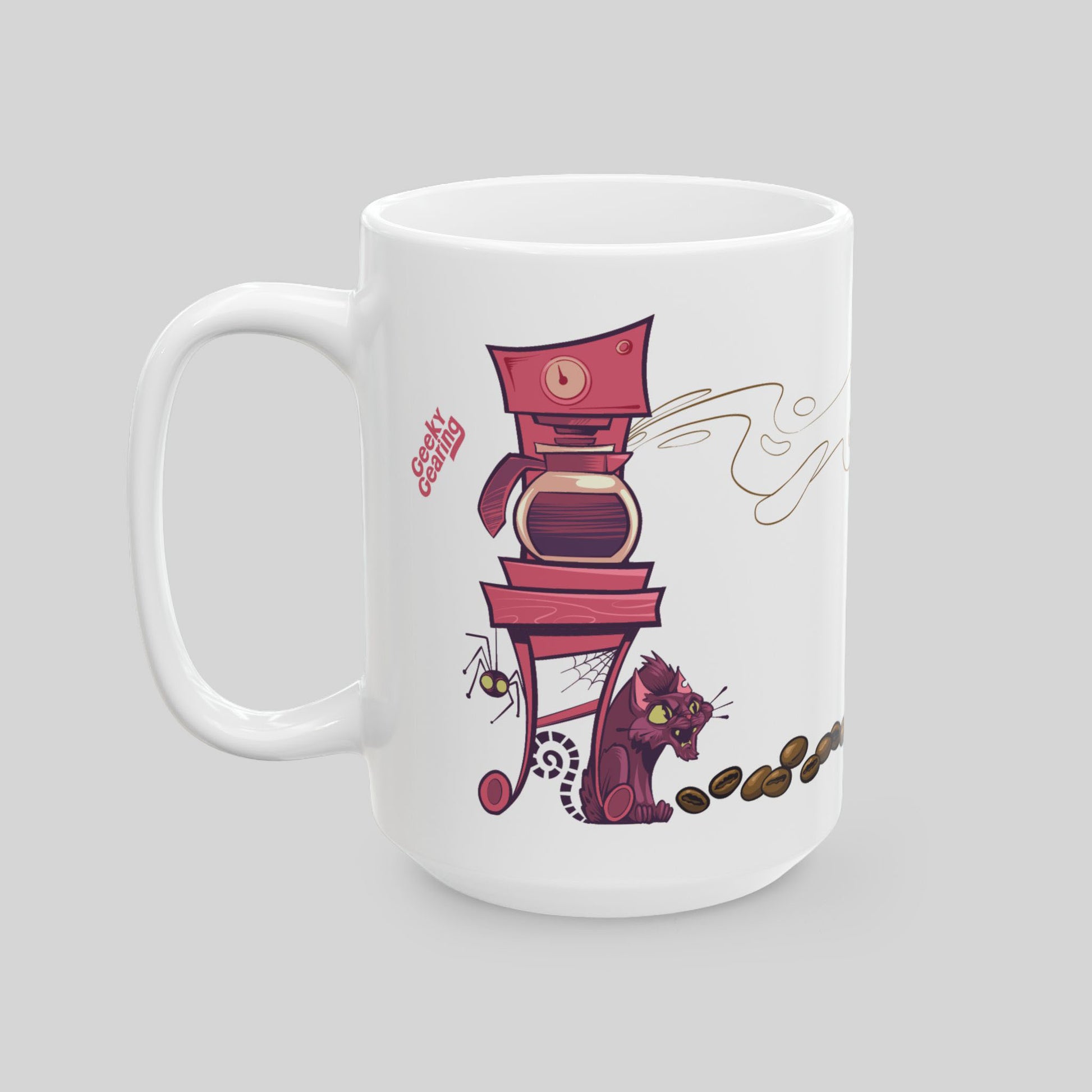 White mug with a red cat and coffee pot design on a gray background