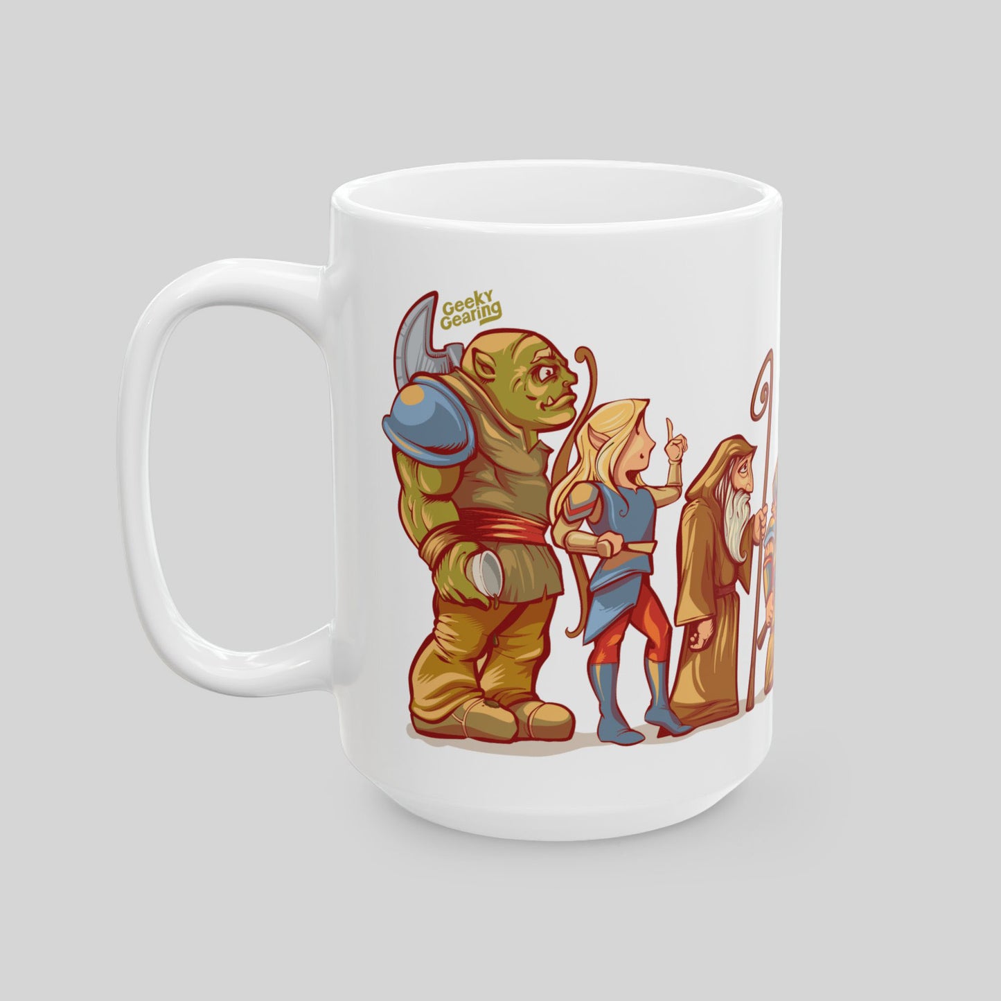 White mug with a colorful illustration of three fantasy characters on a gray background