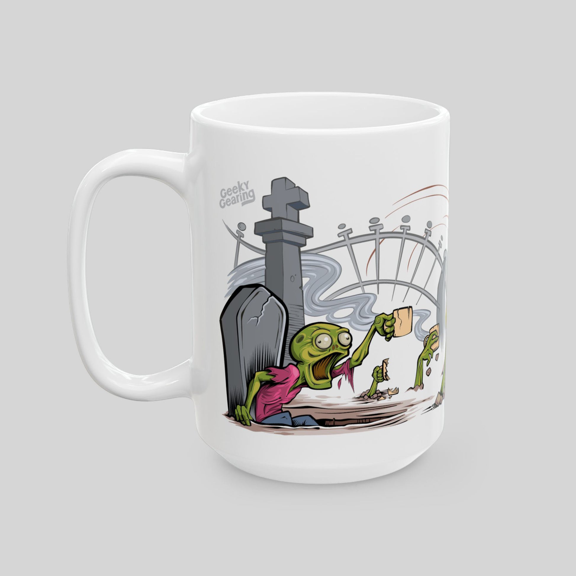 Mug with cartoon design of a zombie at a cemetery on a gray background