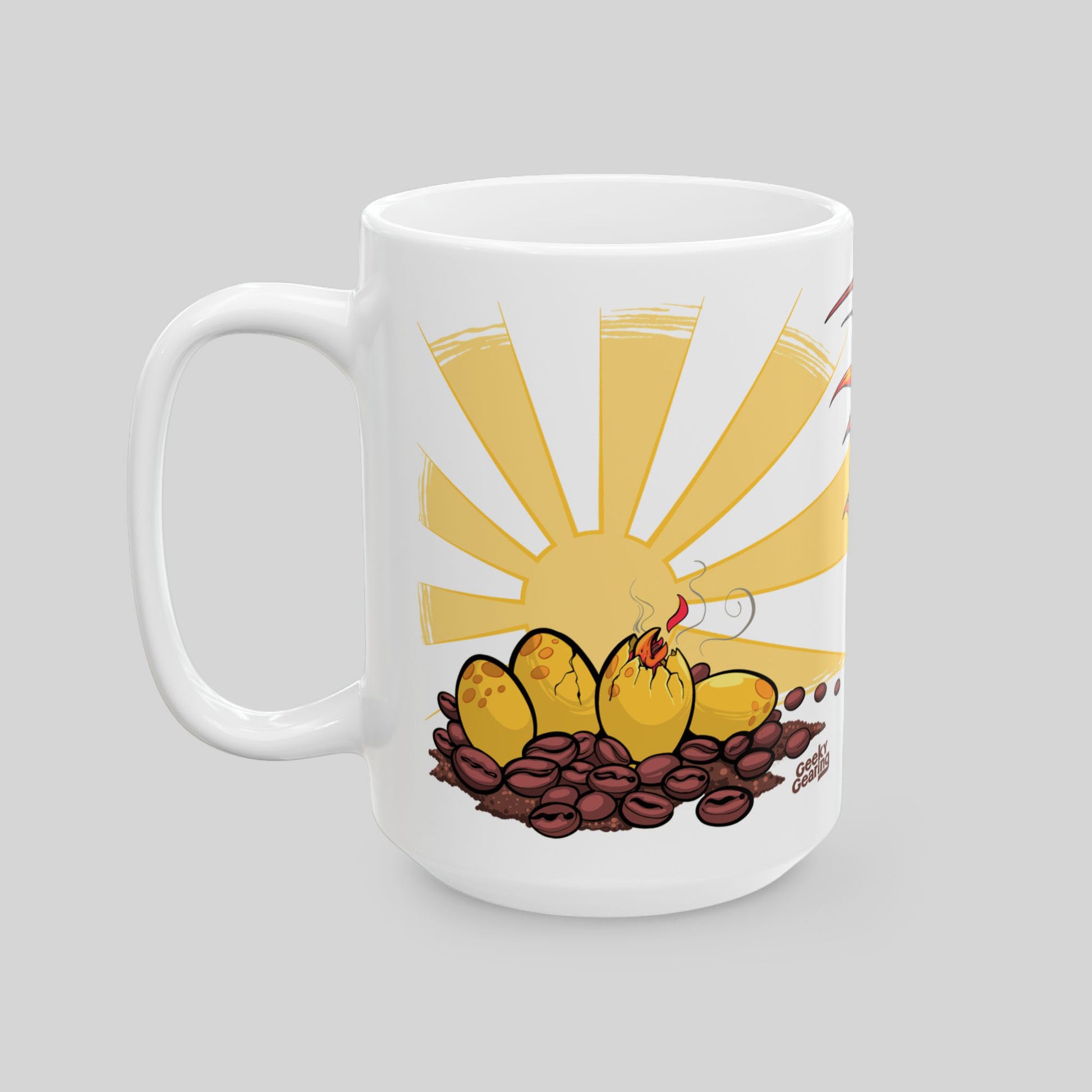White mug with a sun design, phoenix eggs, and coffee beans on a gray background