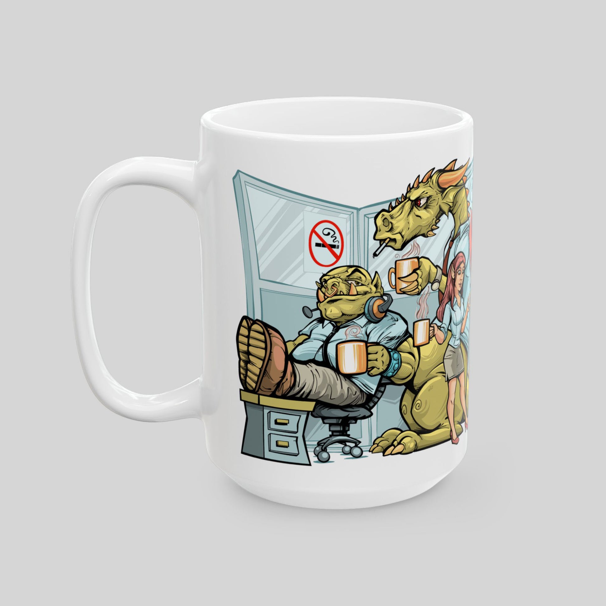 15oz Procrastination Potion mug view showing orc with feet on desk in office cubicle, with dragon and elf.
