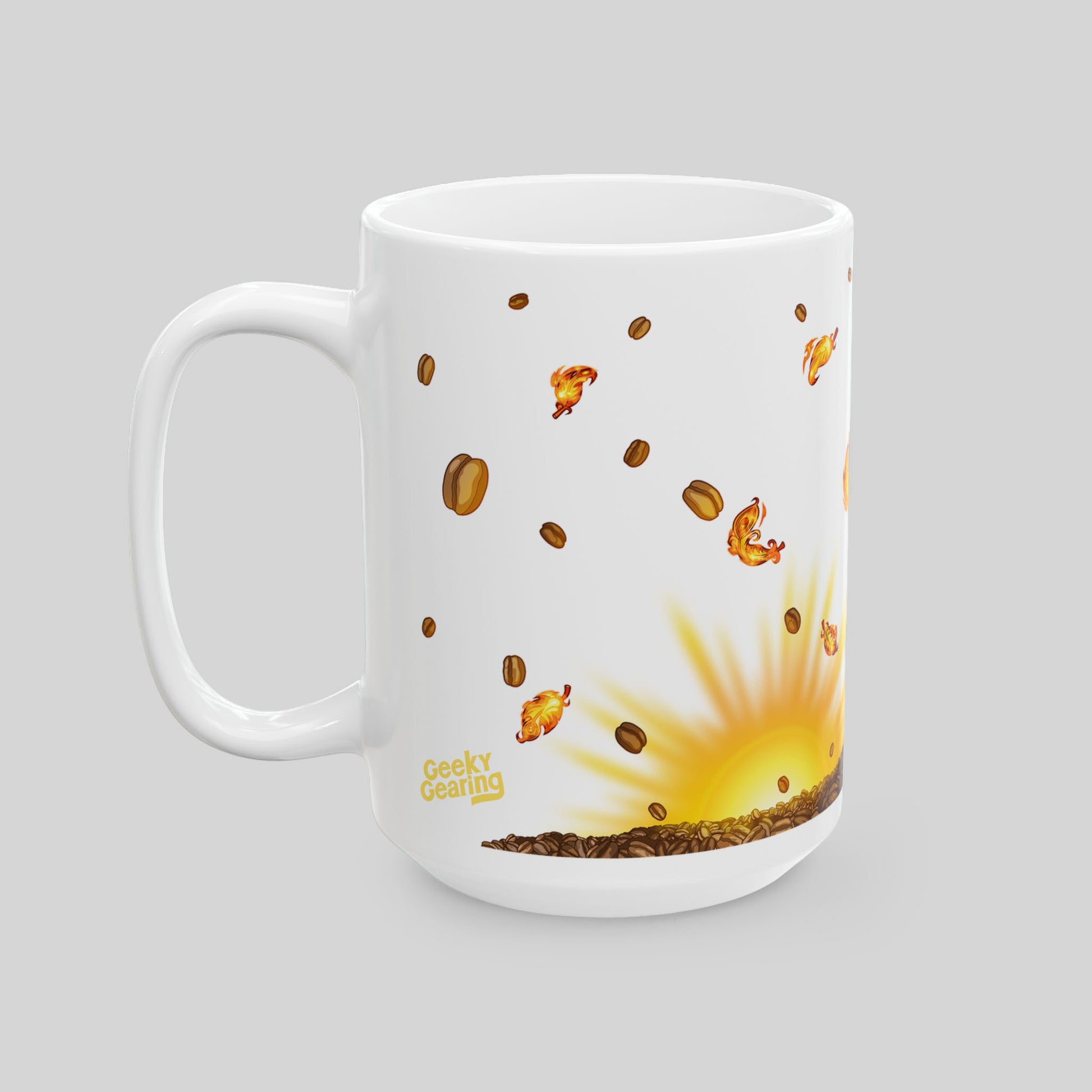 White mug with coffee bean and sunrise design and 'Geeky Gearing' branding on a gray background
