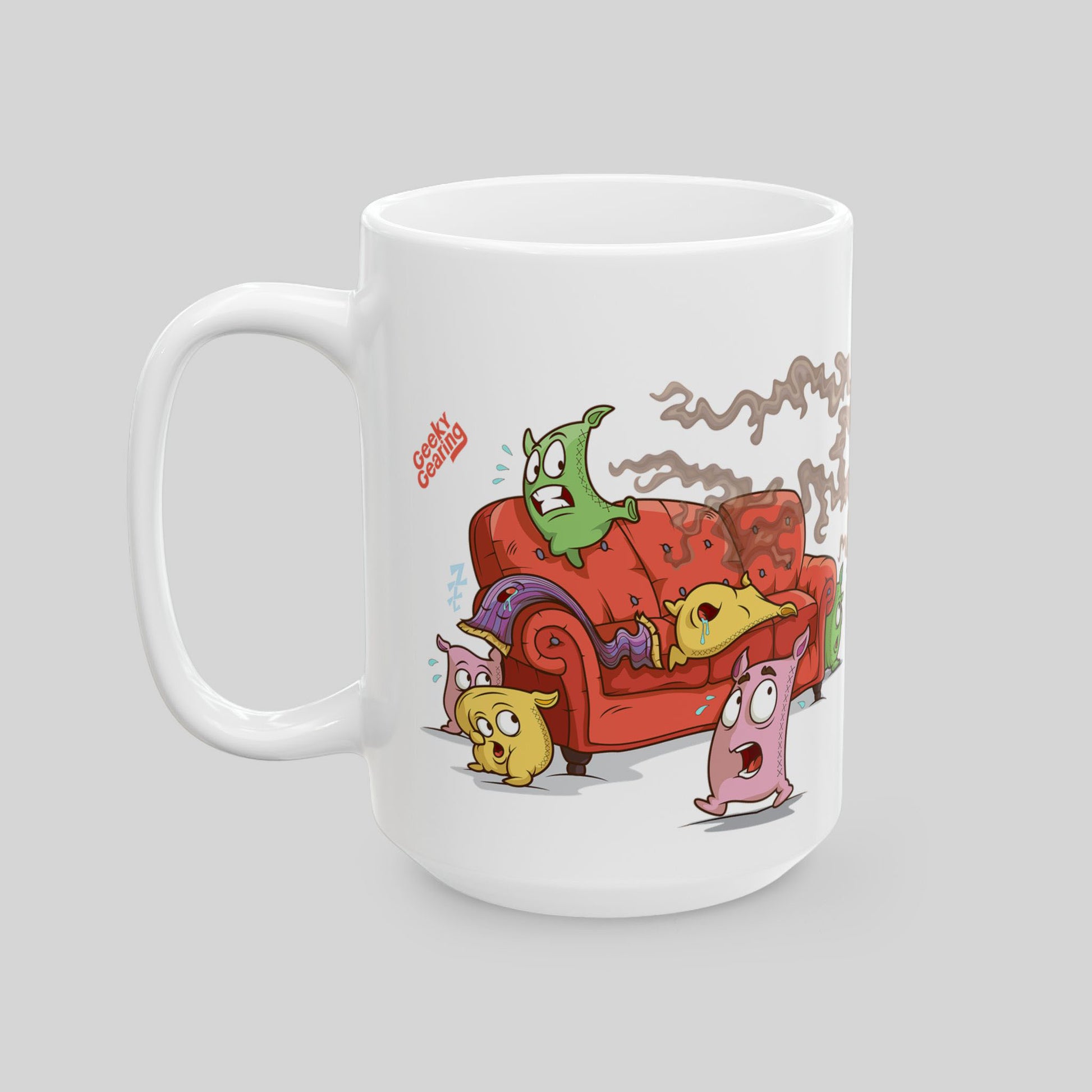 15 oz ceramic mug with cartoon characters on a red couch against a gray background