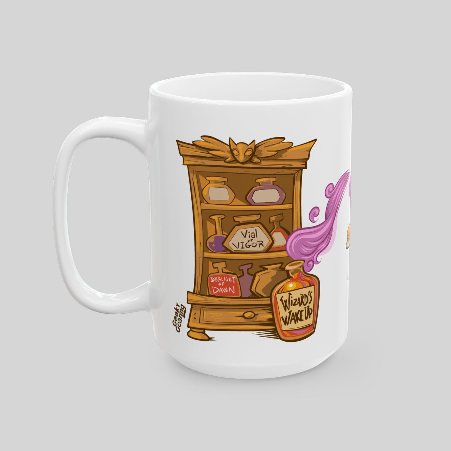 White mug with colorful graphic design on a gray background