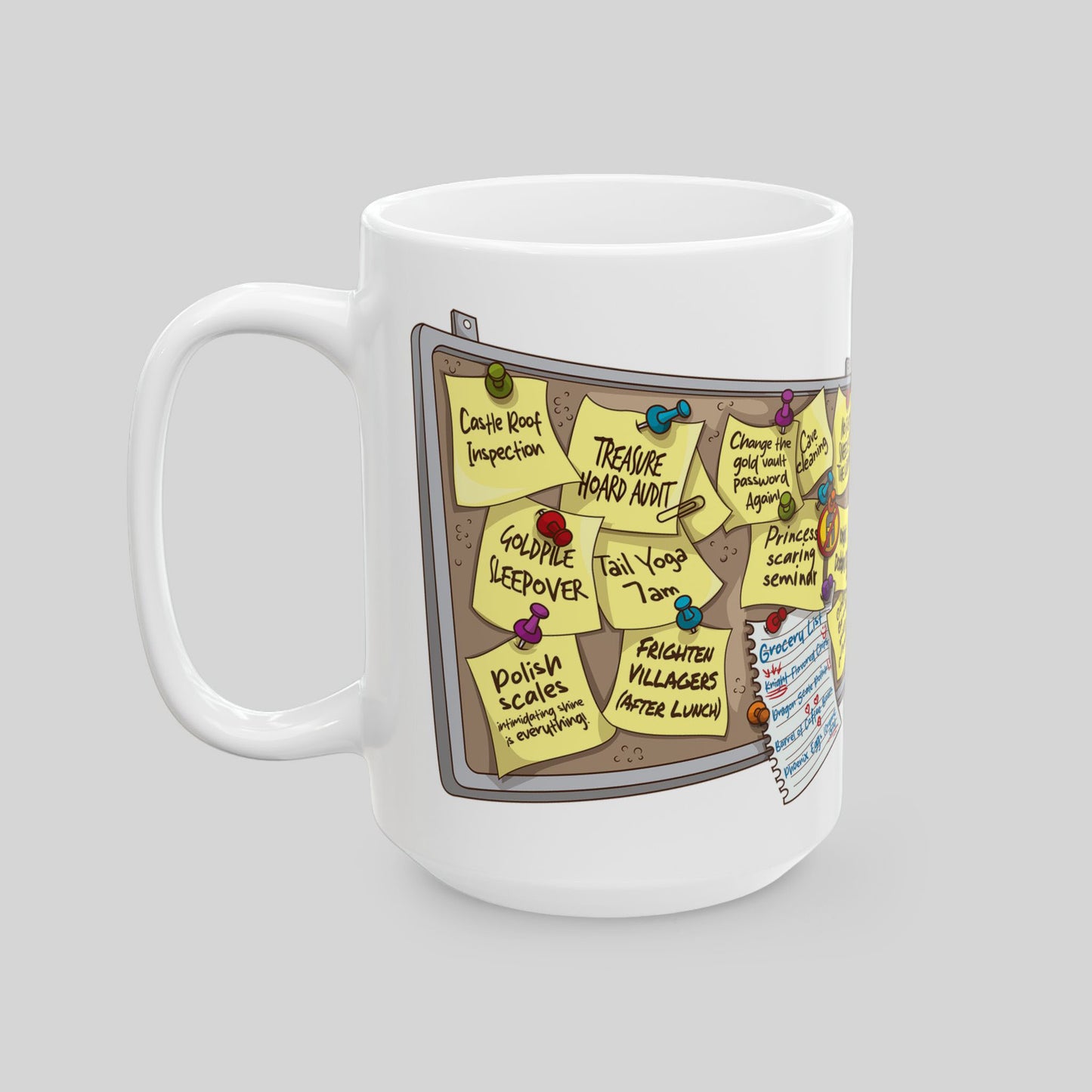 White mug with a design of a notice board with sticky notes on a gray background