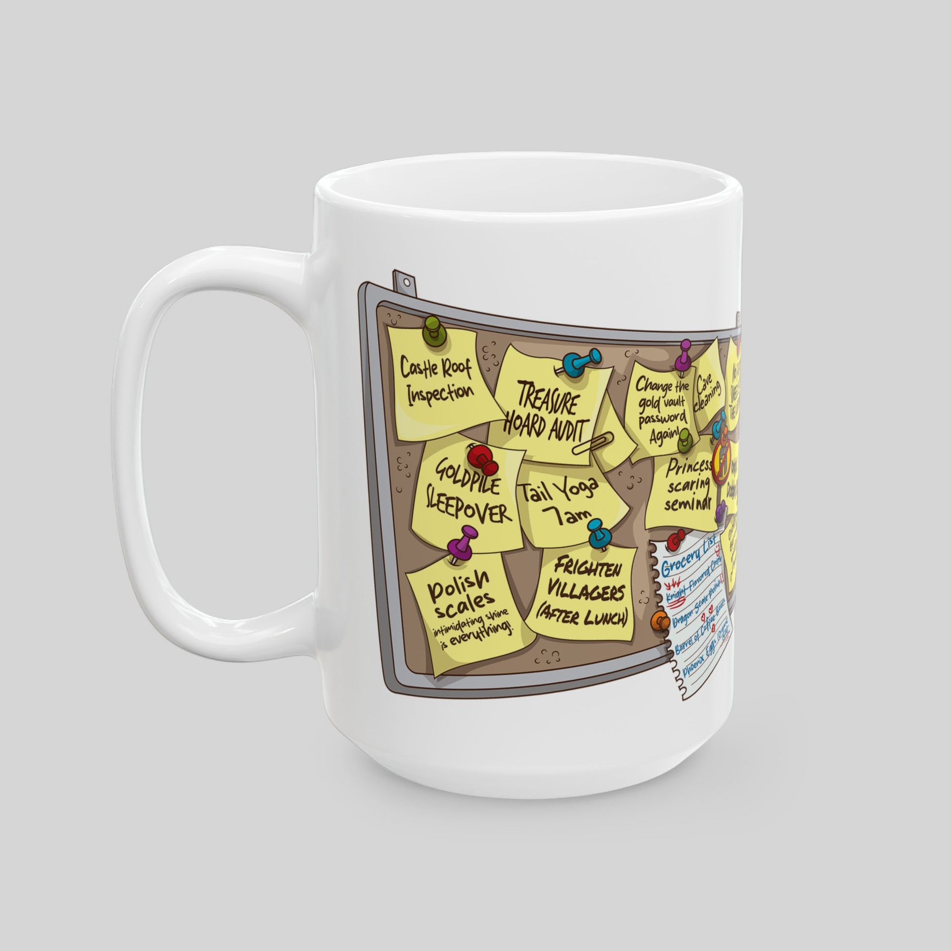 White mug with a design of a notice board with sticky notes on a gray background