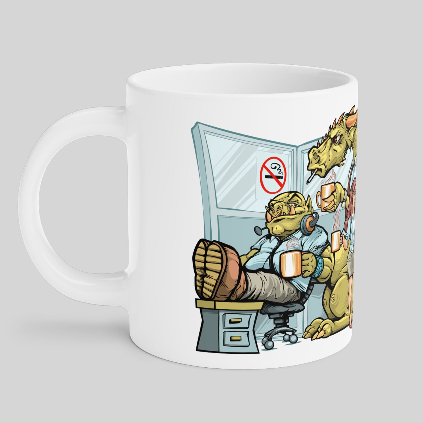 20oz Procrastination Potion mug view showing orc with feet on desk in office cubicle, with dragon and elf.