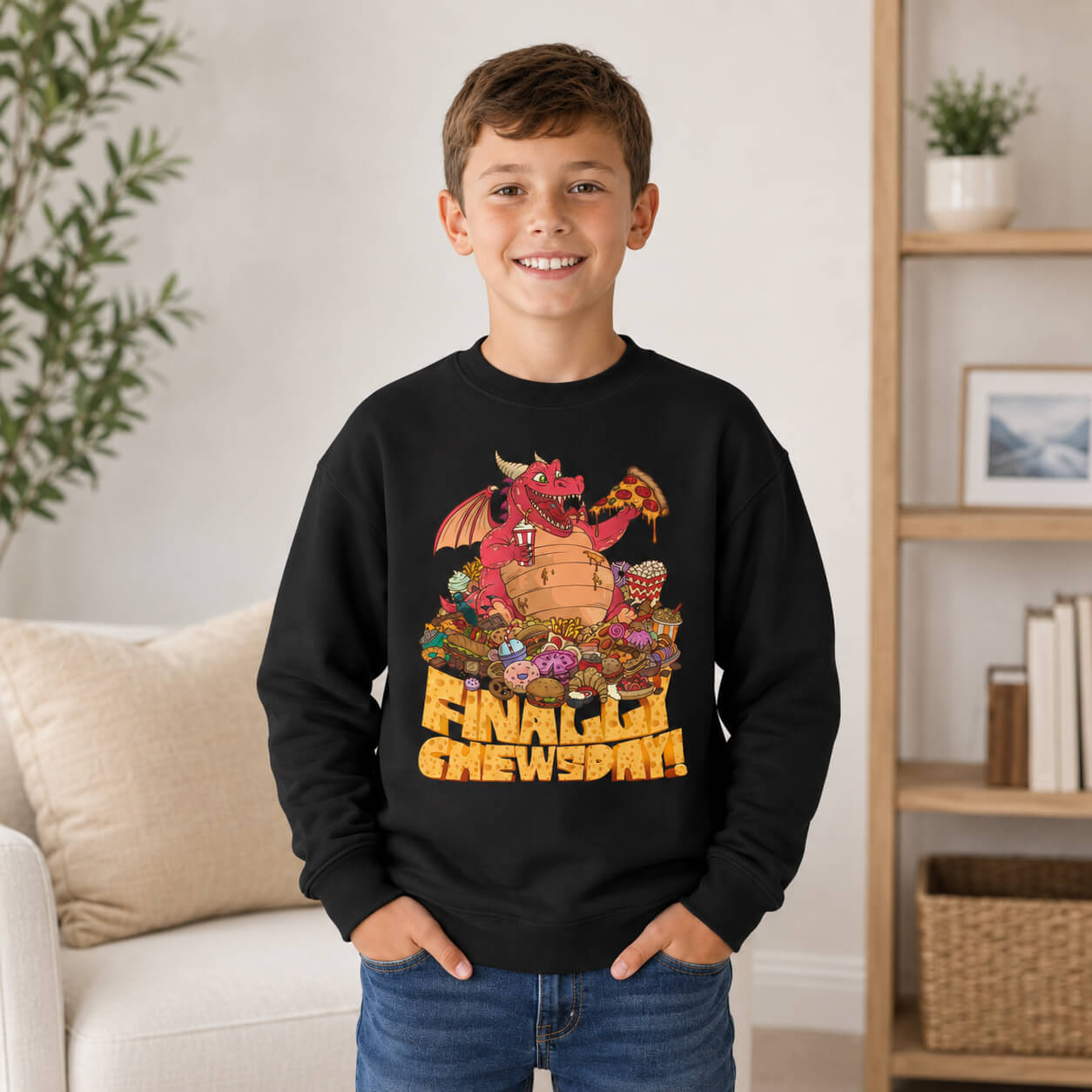 Child wearing a black sweatshirt with a colorful dragon eating pizza and text in a living room setting