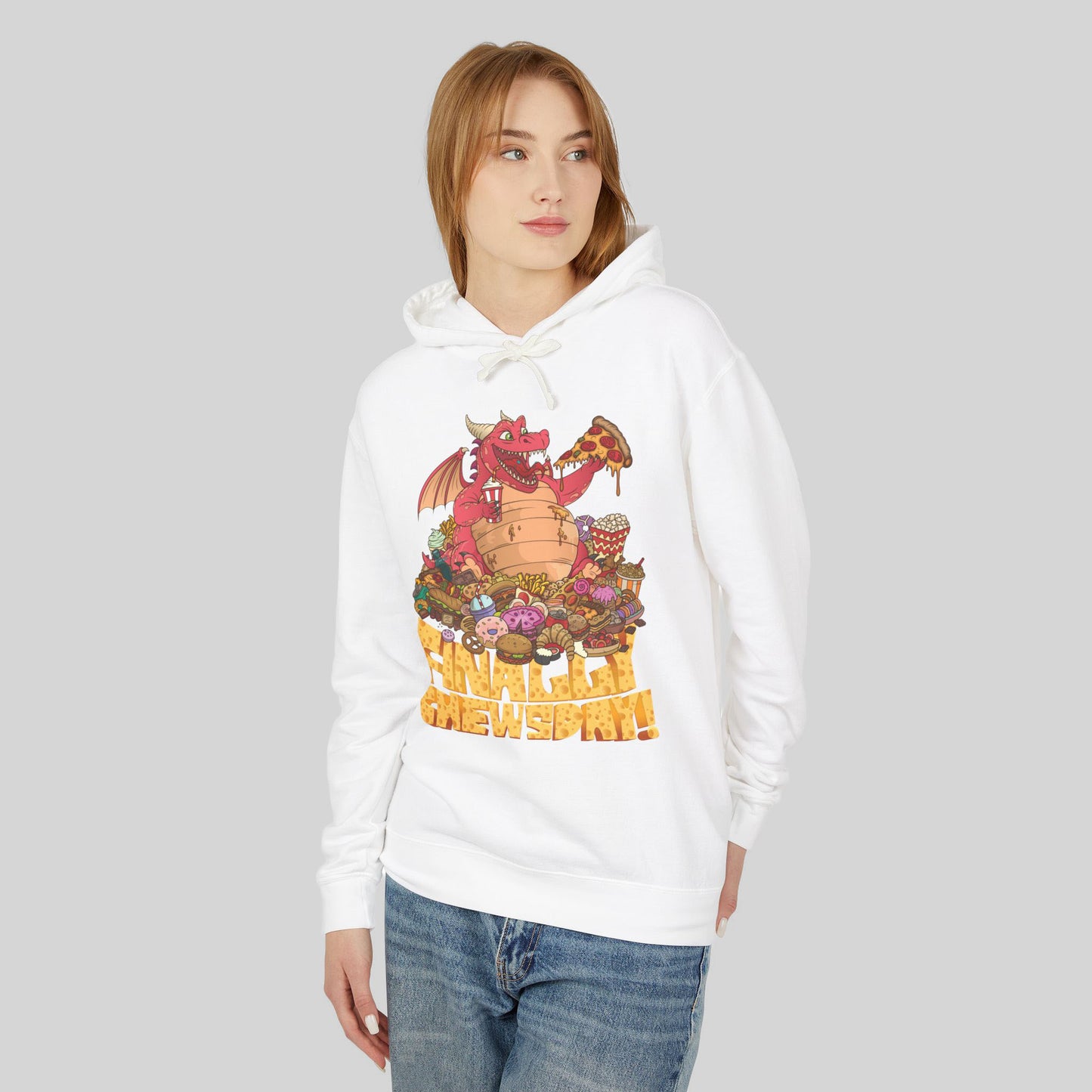 Person wearing a white hoodie with a colorful graphic design on a plain background