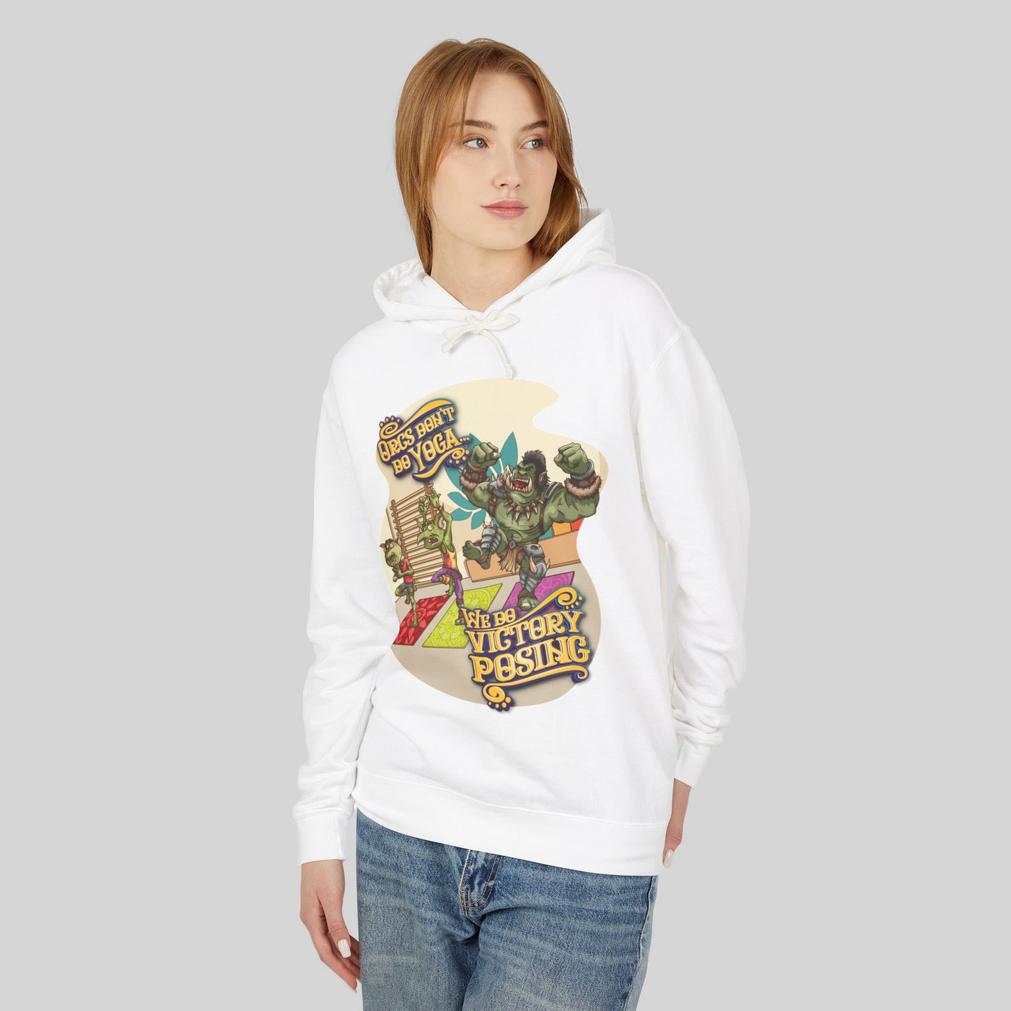Person wearing a white hoodie with a colorful graphic design on a plain background