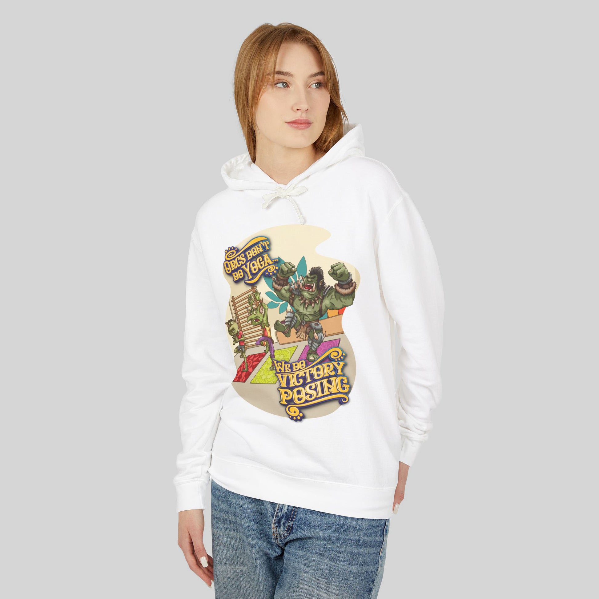 Person wearing a white hoodie with a colorful graphic design on a plain background