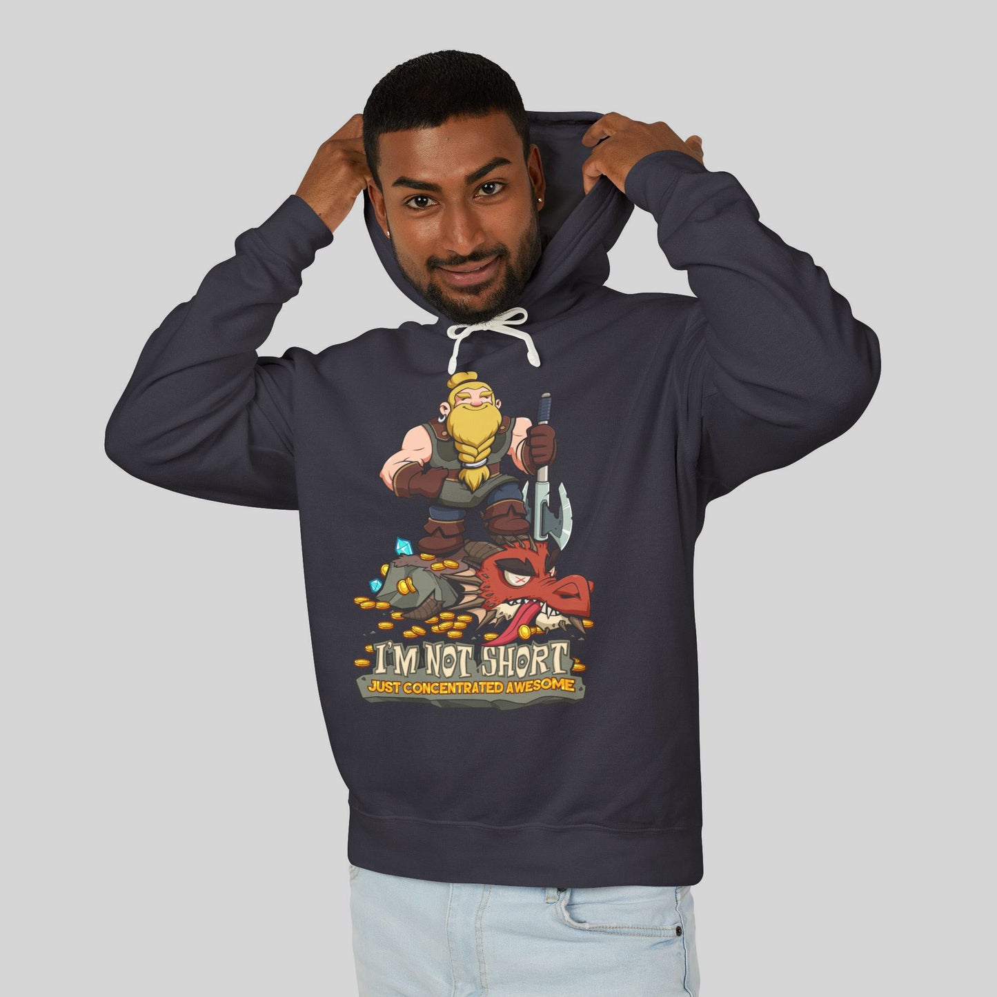 Person wearing a navy hoodie with a graphic design on a plain background