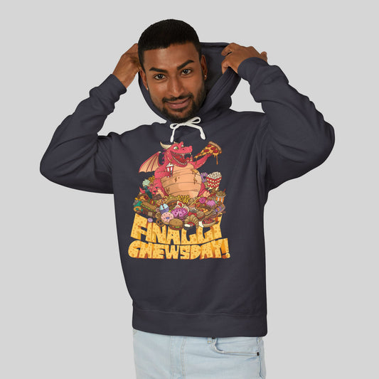 Person wearing a hoodie with a colorful graphic design and text on a plain background