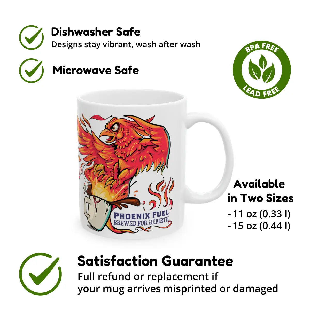 White ceramic mug featuring a fiery red phoenix rising from a steaming mug, with the text “Phoenix Fuel – Brewed for Rebirth.” Surrounded by icons and text highlighting key features: dishwasher safe, microwave safe, BPA and lead free, available in two sizes (11 oz and 15 oz), and backed by a satisfaction guarantee with full refund or replacement if misprinted or damaged.
