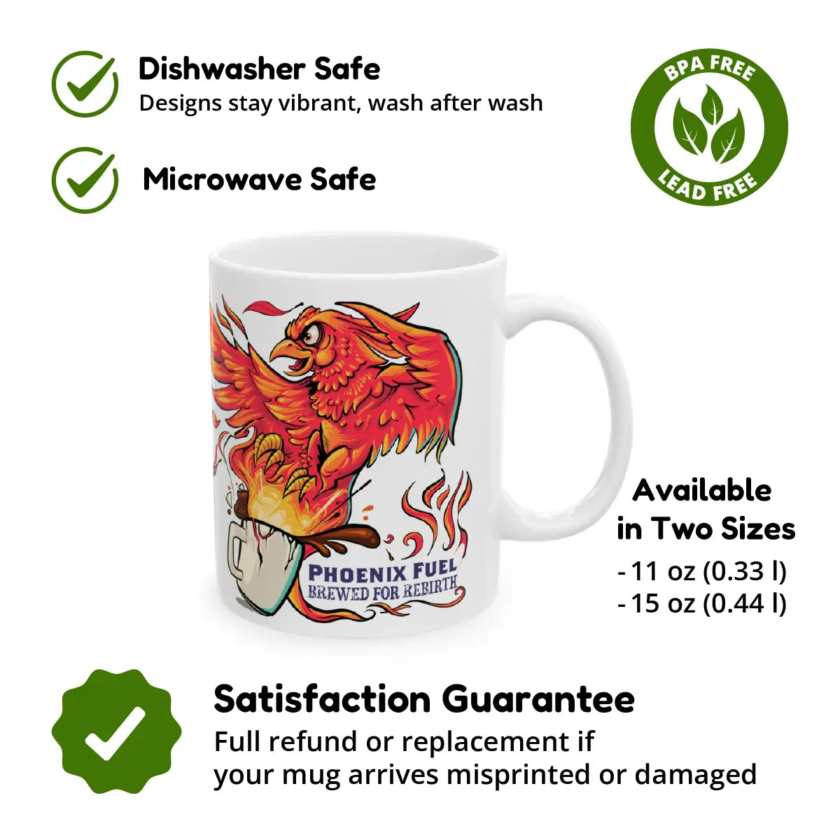 White ceramic mug featuring a fiery red phoenix rising from a steaming mug, with the text “Phoenix Fuel – Brewed for Rebirth.” Surrounded by icons and text highlighting key features: dishwasher safe, microwave safe, BPA and lead free, available in two sizes (11 oz and 15 oz), and backed by a satisfaction guarantee with full refund or replacement if misprinted or damaged.