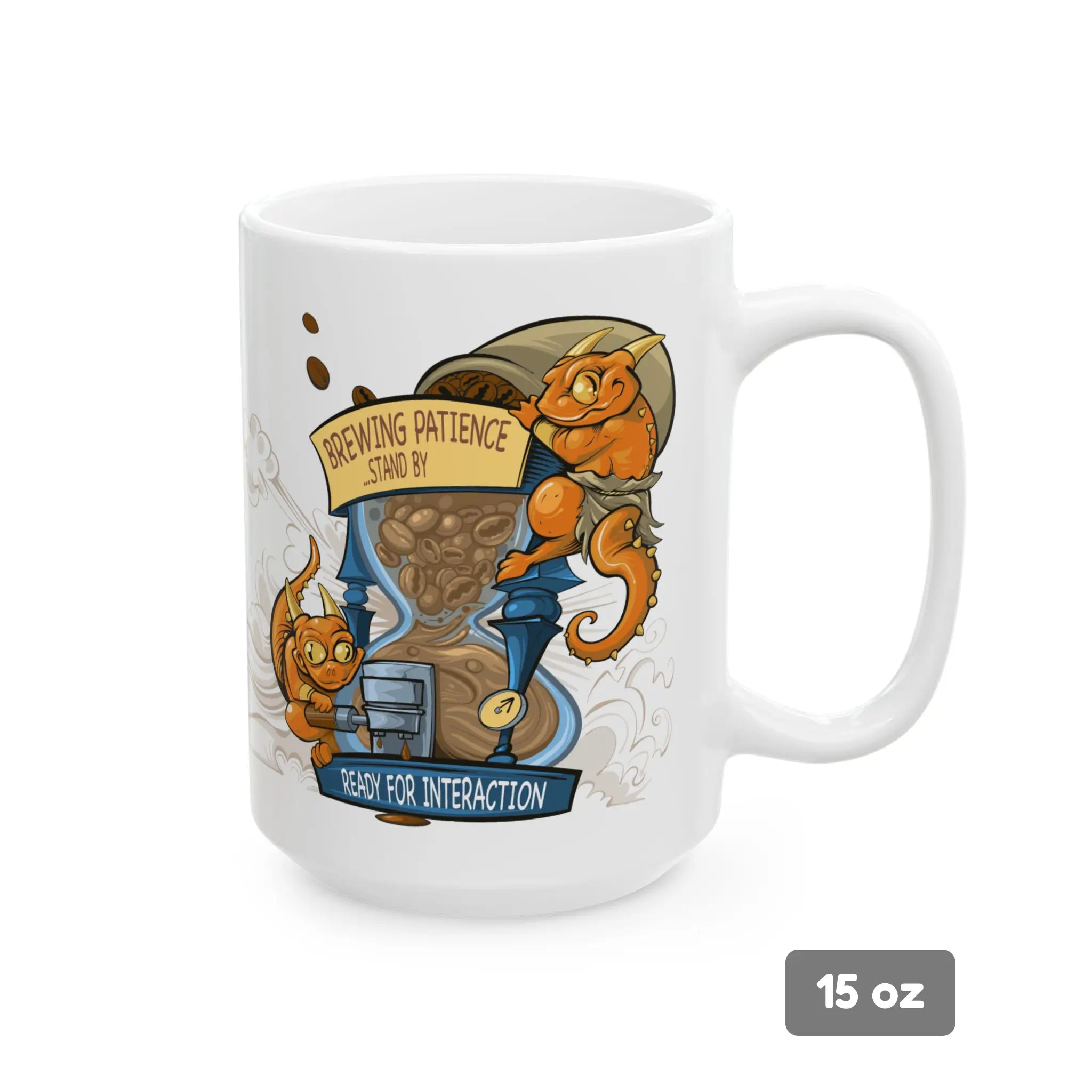 White mug with a cartoon design of a character brewing patience and standing by, on a white background.